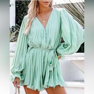 V-Neck Tie Waist Flared Pleated Long Sleeve Romper